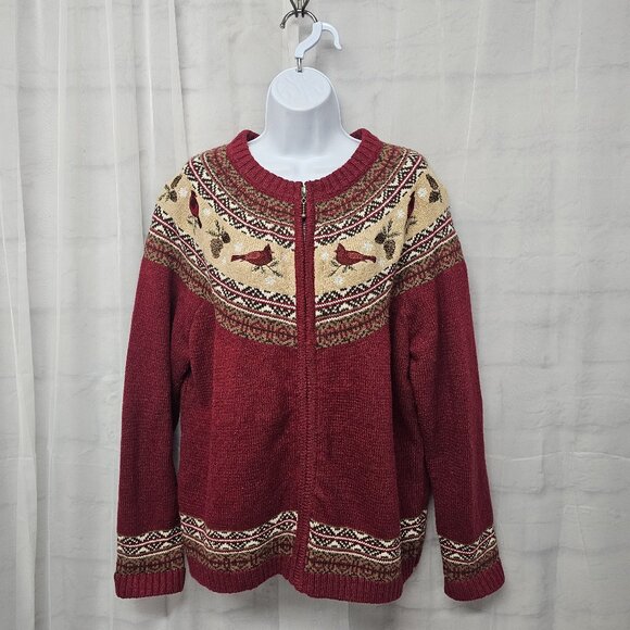 croft & barrow Sweaters - Croft & Barrow Red Cardinal Fair Isle Cardigan Zip Preppy Collegiate XL